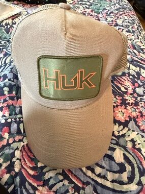 Huk Taupe Trucker Hat with Olive Patch and Orange Logo